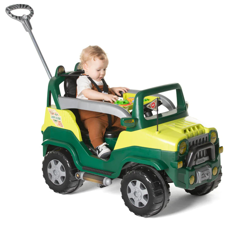 Carrinho de Passeio e Pedal Quadriciclo Infantil Motoca Diipi Verde Jeep Com Haste Empurrador