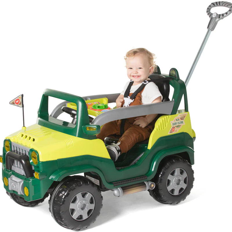 Carrinho de Passeio e Pedal Quadriciclo Infantil Motoca Diipi Verde Jeep Com Haste Empurrador