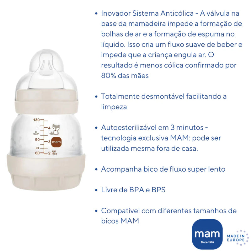 Mamadeira MAM Original Lacrada Easy Start Anti-Colica 130ml Autoesterilizável Fluxo 0 Adaptável