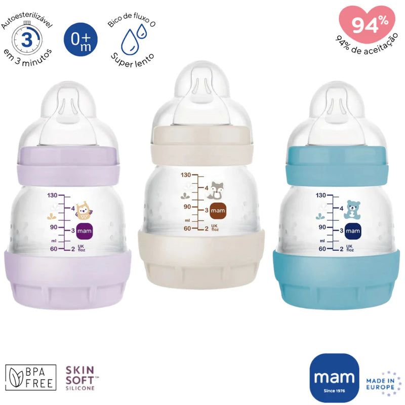 Mamadeira MAM Original Lacrada Easy Start Anti-Colica 130ml Autoesterilizável Fluxo 0 Adaptável