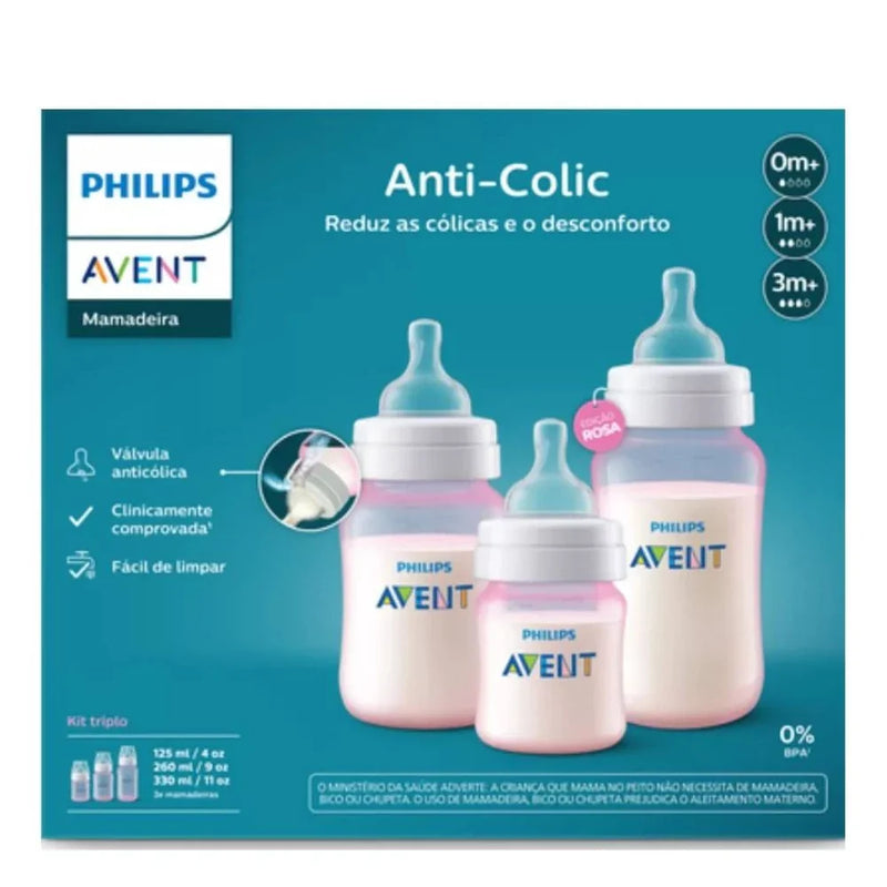 Kit 3 Mamadeiras Rosa Clássica Anticólica 125/260/330ml - PHILIPS AVENT