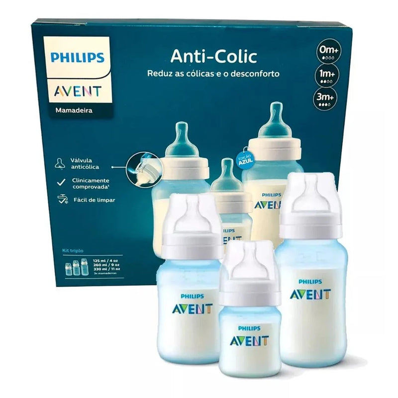 Kit 3 Mamadeiras Azul Clássica Anticólica 125/260/330ml - PHILIPS AVENT