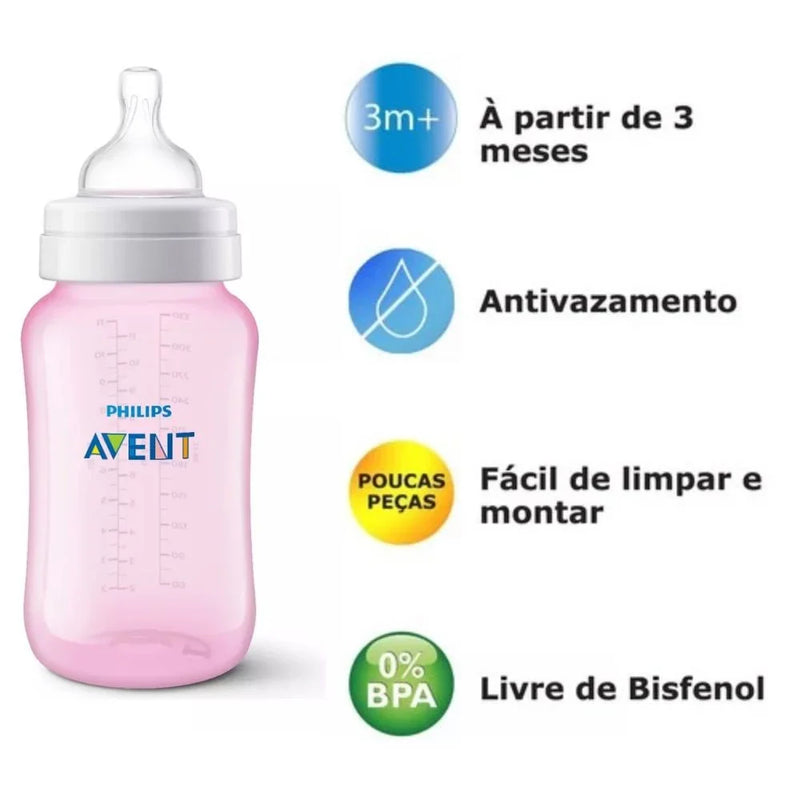 Kit 3 Mamadeiras Rosa Clássica Anticólica 125/260/330ml - PHILIPS AVENT